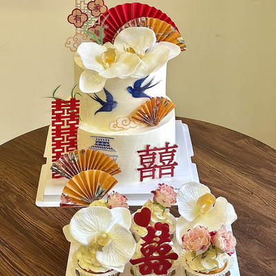 中式婚礼订婚结婚甜品装饰扇子木质屏风吾家有喜蛋糕烘焙插件摆件