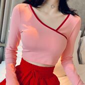 露脐斜领长袖 春秋撞色性感上衣修身 短款 t恤女不规则紧身跳舞打底V