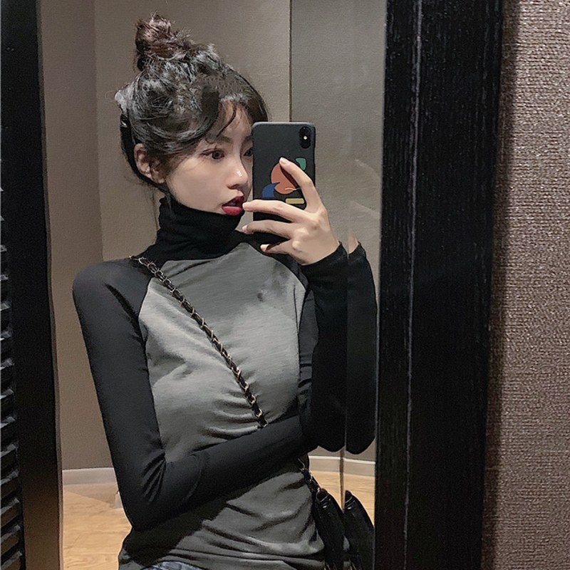 新款秋冬韩版紧身拼接修身打底衫