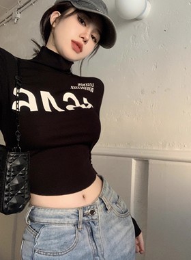 春秋美式纯欲辣妹黑色短款长袖T恤女字母印花高领打底衫紧身上衣