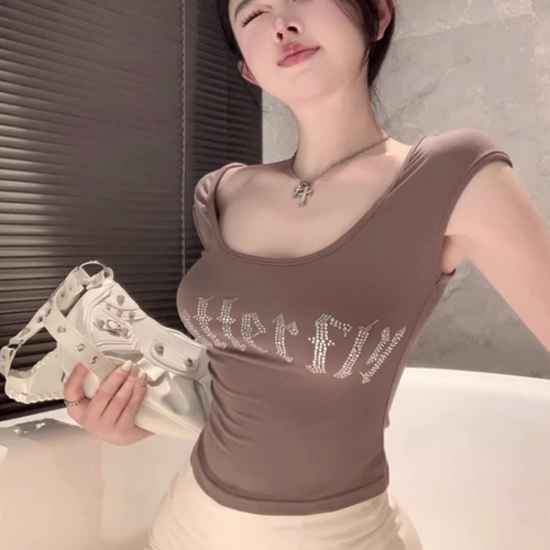 纯欲紧身短款低胸大U领烫钻t恤女