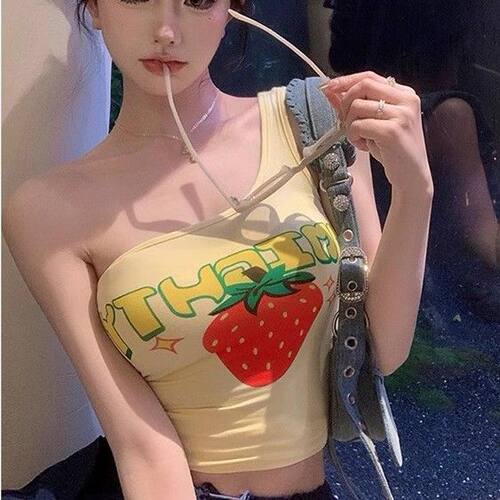露肩单肩短款性感无袖T恤上衣