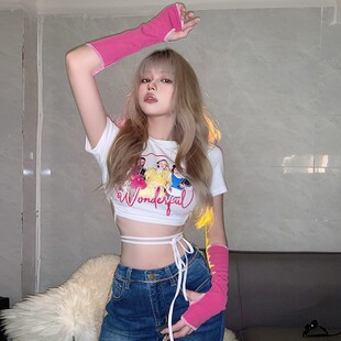 欧美辣妹短款印花短款短袖T恤女小心机抽绳绑带显瘦露腰紧身上衣