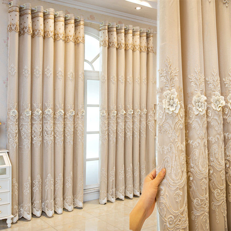 浮雕绣花窗帘简约欧式双层窗帘布纱一体成品客厅卧室奢华大气定制