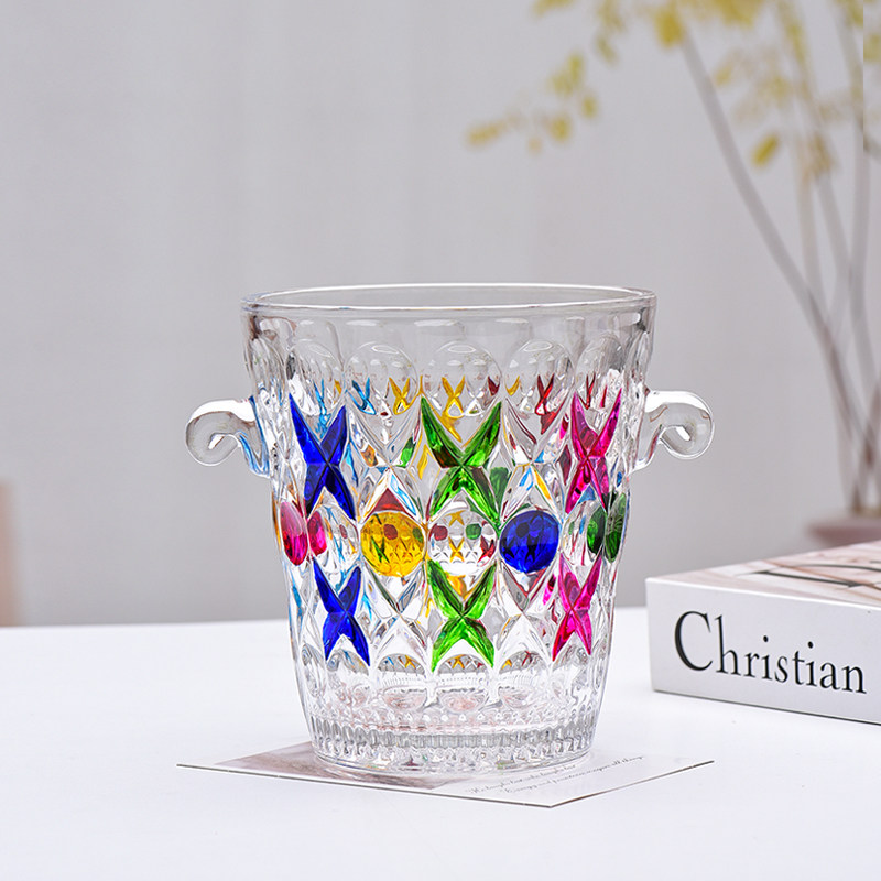 法兰晶彩绘加厚玻璃冰桶家用ktv酒吧高颜值手提啤酒冰镇桶冰块桶