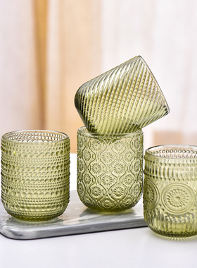 绿色浮雕玻璃杯家用高颜值喝水杯子女夏果汁咖啡茶杯啤酒杯洋酒杯