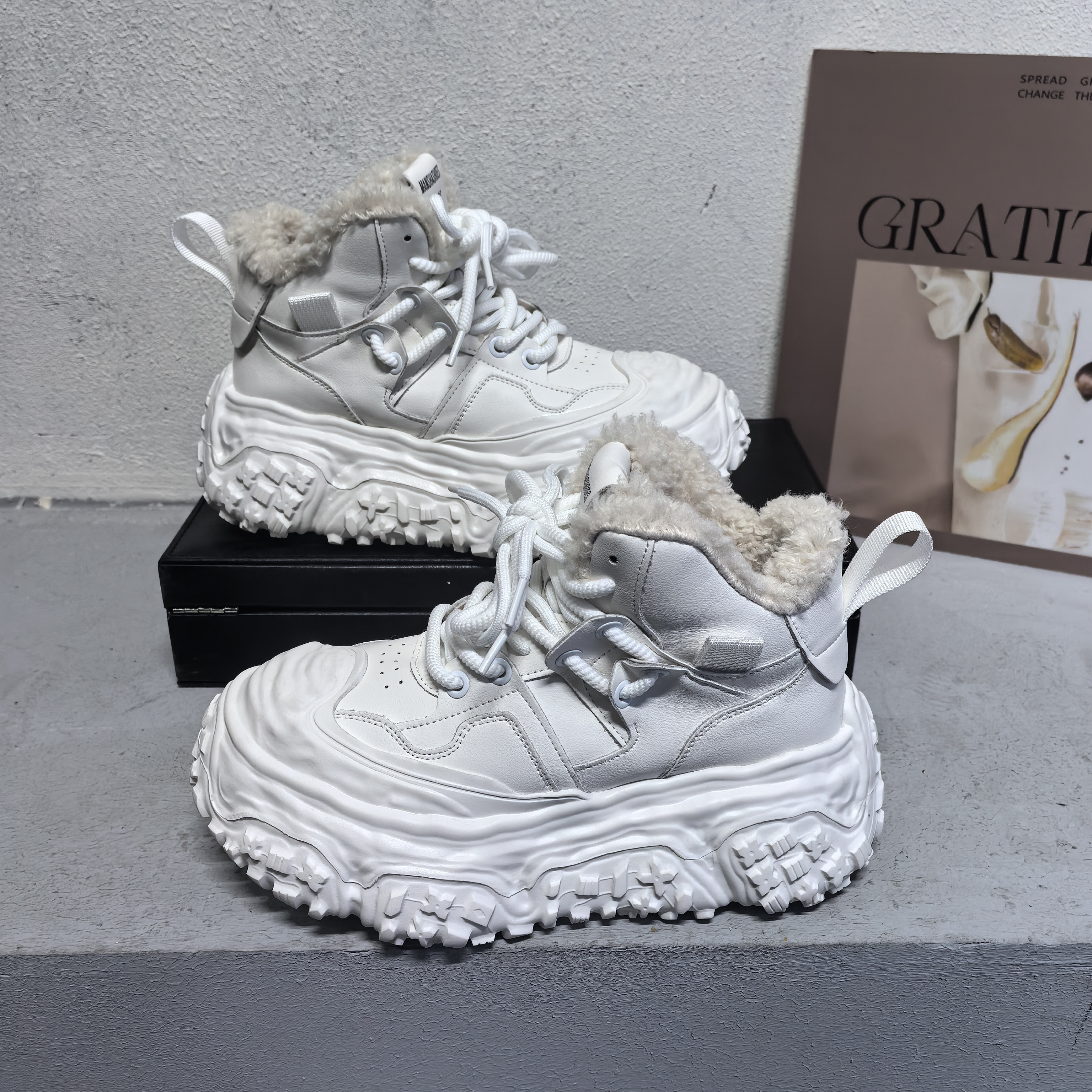 2025秋冬巴黎溶解鞋男鞋羊羔毛厚底增高休闲潮鞋做旧高帮老爹鞋男