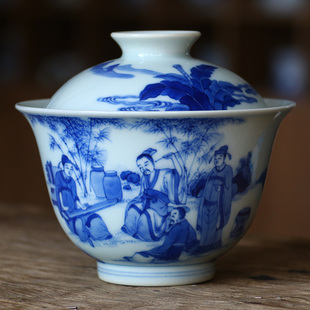 竹林七贤 釉水升级高端陶瓷手绘青花盖碗单个手工泡茶碗防烫耐热