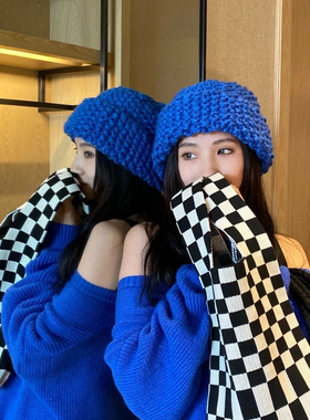 新款克莱因蓝色编织百搭保暖毛线帽显白日系显脸小大头围帽子女冬