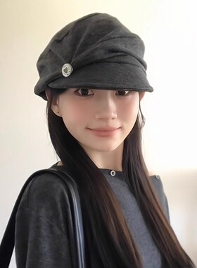 山本耀司风日系简约复古大头围柔软堆堆帽女秋冬季灰色百搭报童帽
