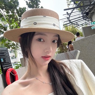 小香風格 復古平頂草帽女款 夏季 遮陽防曬禮帽海邊度假沙灘帽子 時尚