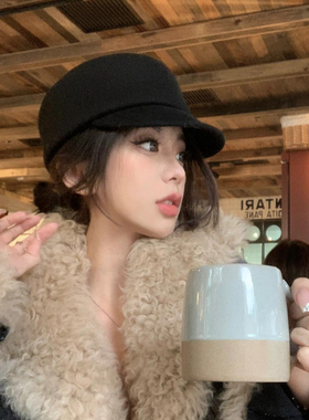 黑色英伦名媛复古羊毛骑士马术帽女秋冬法式气质鸭舌贝雷帽报童帽