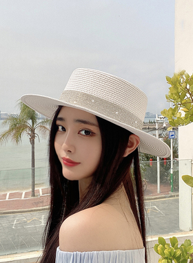新款草帽女春夏天出游沙滩帽水钻平顶遮阳帽防晒时尚百搭白色礼帽
