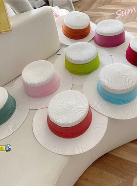 白色平顶礼帽女夏天ins度假出游遮阳帽防晒草编法式名媛风帽子潮