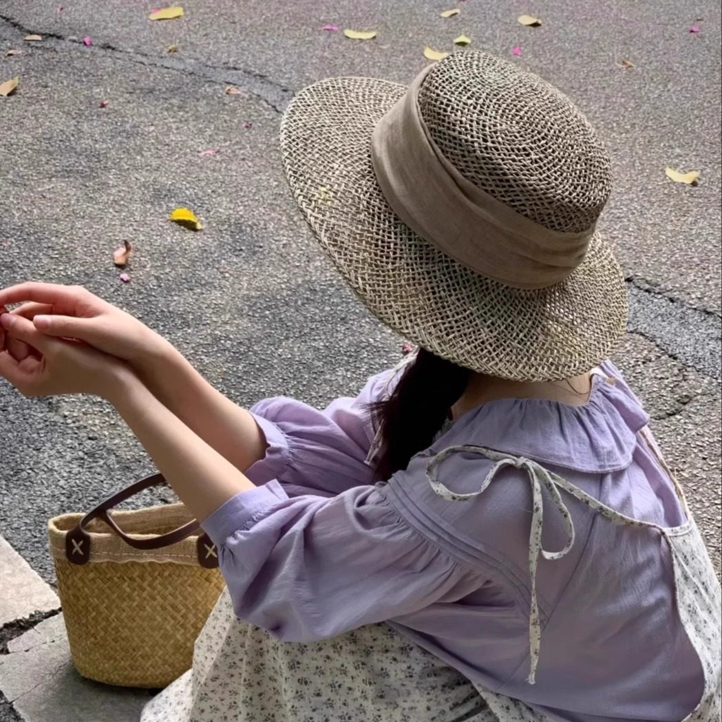 日系文艺田园风草编平顶礼帽女夏时尚镂空海边度假沙滩帽遮阳草帽