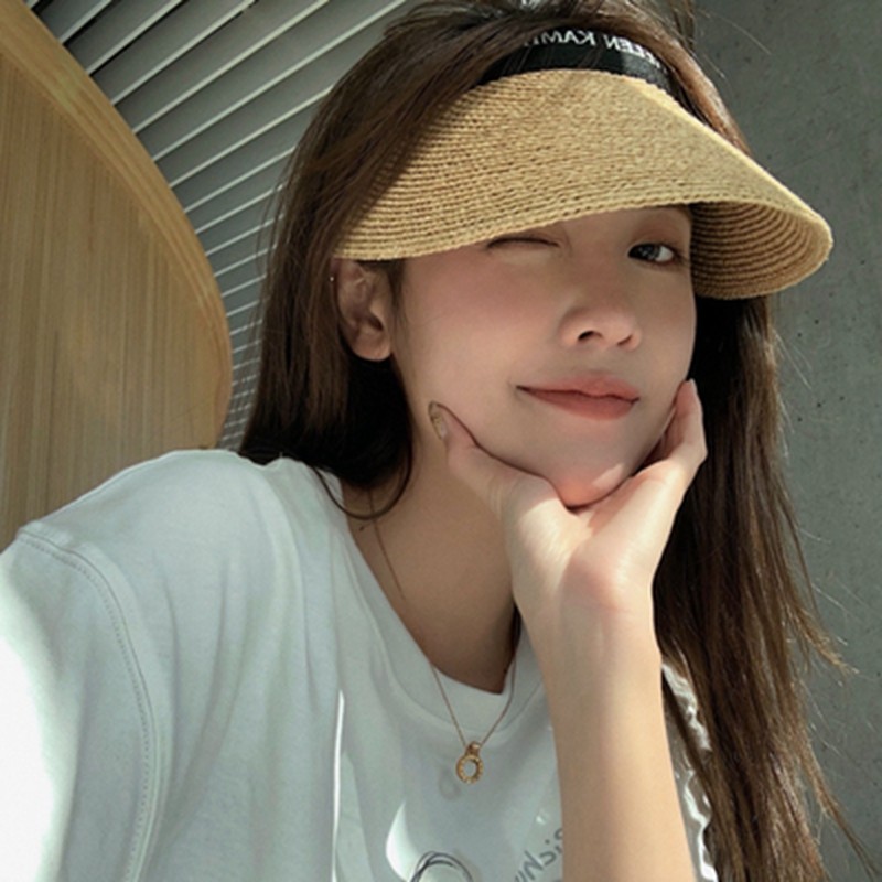 网红拉菲草空顶沙滩编织发夹帽