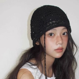 神仙藤井树同款手工编织细闪花朵镂空针织帽女秋冬毛线薄款冷帽子
