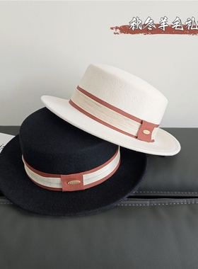 天然真丝麻羊毛礼帽女士秋冬季新款英伦风法式复古黑色平顶帽子