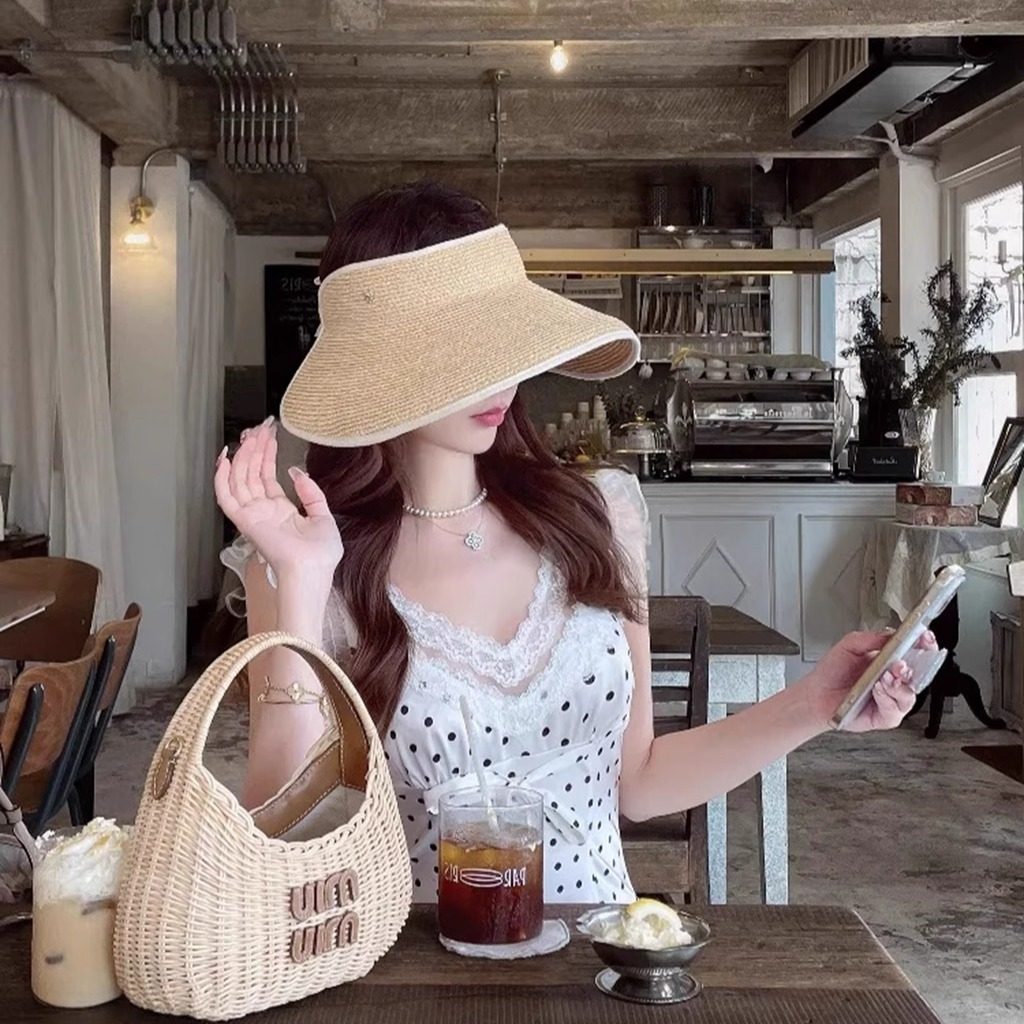 日本新款拉菲草大帽檐空顶帽沙滩帽防晒太阳帽子女防紫外线可折叠