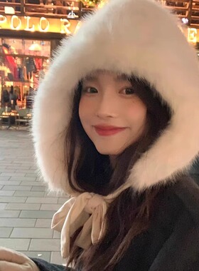 白色毛茸茸帽子女冬款加厚保暖大头围显脸小可爱氛围感护耳雷锋帽