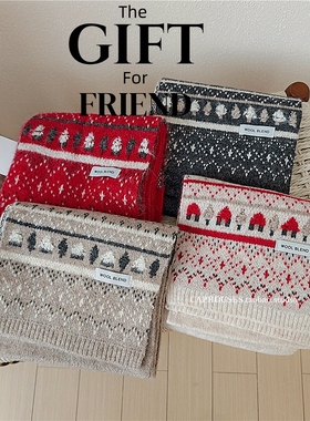 圣诞小树~2025新款冬季红色复古针织围巾女生保暖加厚护颈围脖潮