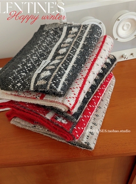 费尔岛深灰色红色针织围巾女冬季2025新款韩系氛围感保暖防寒围脖