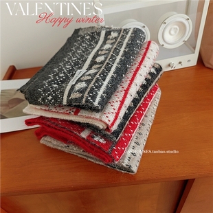 费尔岛深灰色红色针织围巾女冬季2025新款韩系氛围感保暖防寒围脖