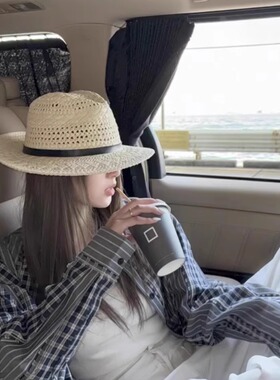 老钱风新款复古英伦风草帽女夏季出游海边度假遮阳帽防晒草编礼帽