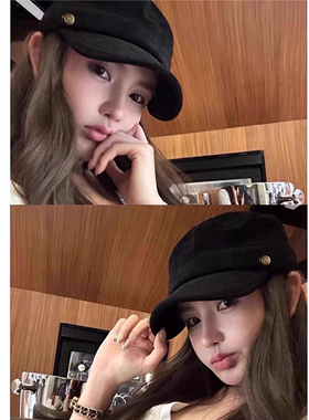 2025新款秋冬显脸小黑色鸭舌贝雷帽女褶皱麂皮绒平顶马术帽报童帽