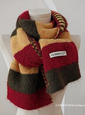 复古韩系氛围感秋冬双层加厚保暖围巾女生高级感红色毛线护颈围脖