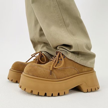 两点浪漫2026春季新款7CM轻质厚底增高马丁皮鞋男黄棕大头德比鞋