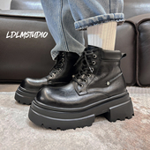 两点浪漫7CM厚底增高马丁靴男黑武士轻质机车靴加绒保暖大头皮鞋