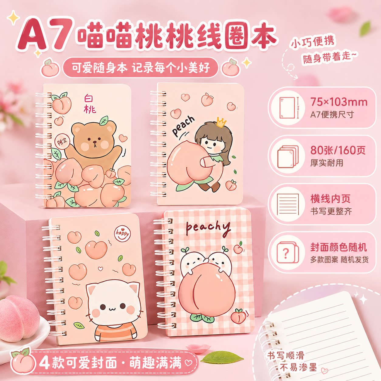 便携A7桃子卡通横线线圈本