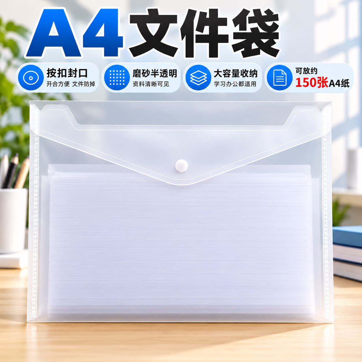 18丝加厚A4透明磨砂按扣文件袋