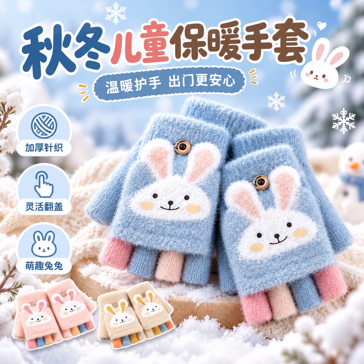 儿童翻盖半指手套女毛绒秋冬保暖可爱小学生加厚儿童学生写字手套