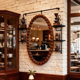 实木复古椭圆镜高端化妆镜高级感中古风梳妆镜胡桃木色美容挂壁镜