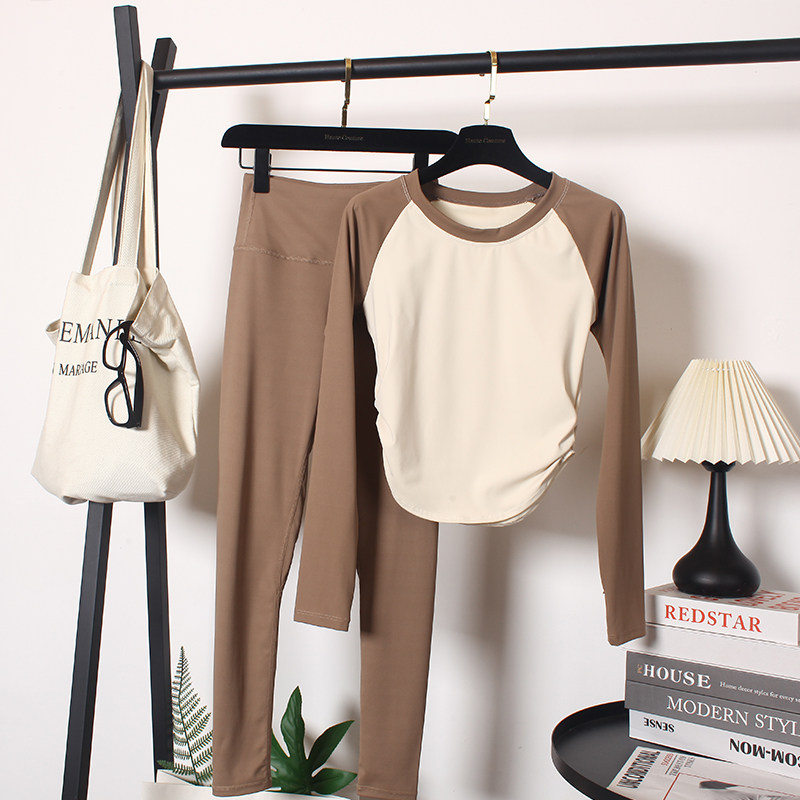 长袖健身房套装女秋季拼色紧身上衣速干长裤专业高弹力训练瑜伽服