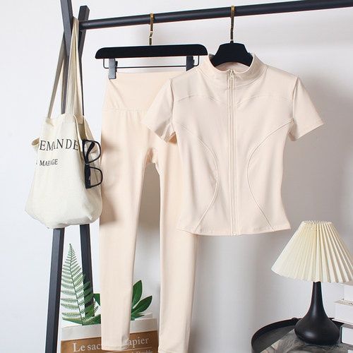 短袖瑜伽服套装女夏立领拉链显瘦
