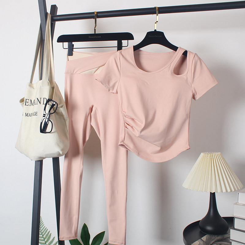 健身房运动套装女夏速干撞色长裤跑步修身显瘦瑜伽圆领短袖含胸垫