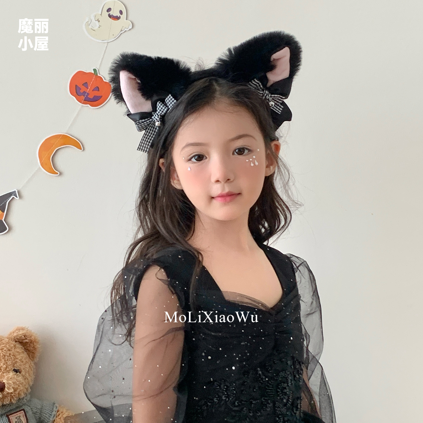 立体毛绒黑色猫咪耳朵发箍小女孩万圣节黑色头饰2025新款兔子头箍
