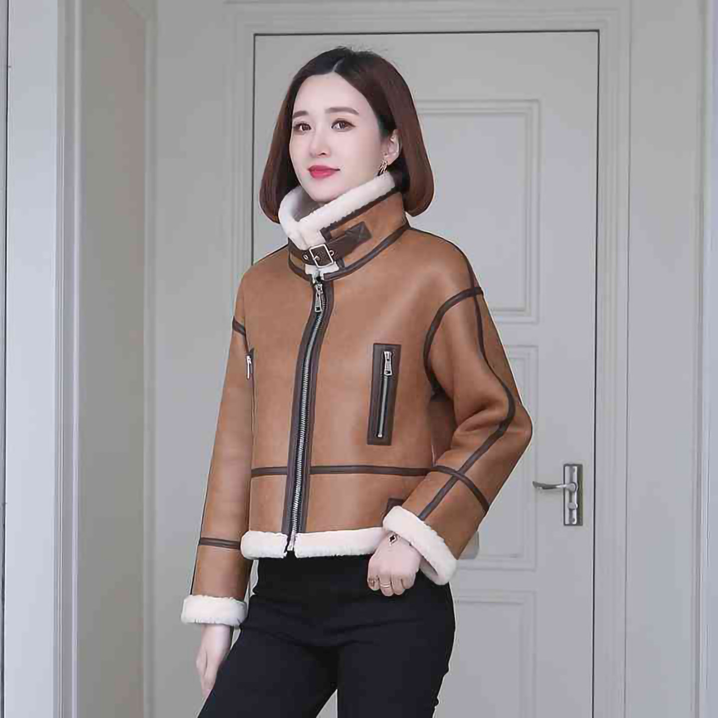 小个子加厚羊羔毛皮草夹克短款2025新款皮毛一体外套女甜酷机车服