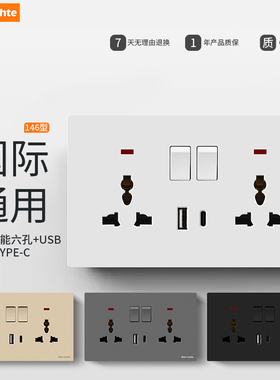 146型国际通用哑光灰色二开多功能六孔带USB+TYPE-C手机充电插座