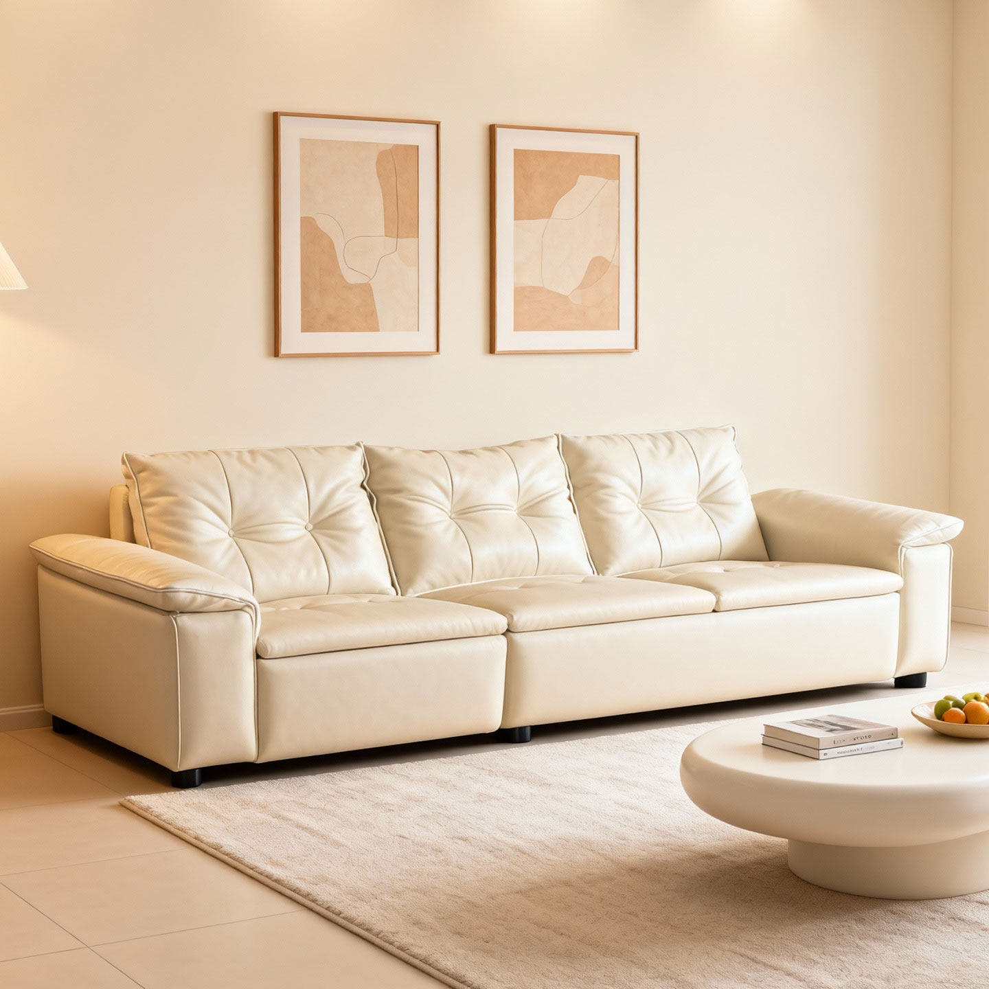 造作新款真皮沙发多功能奶油风
