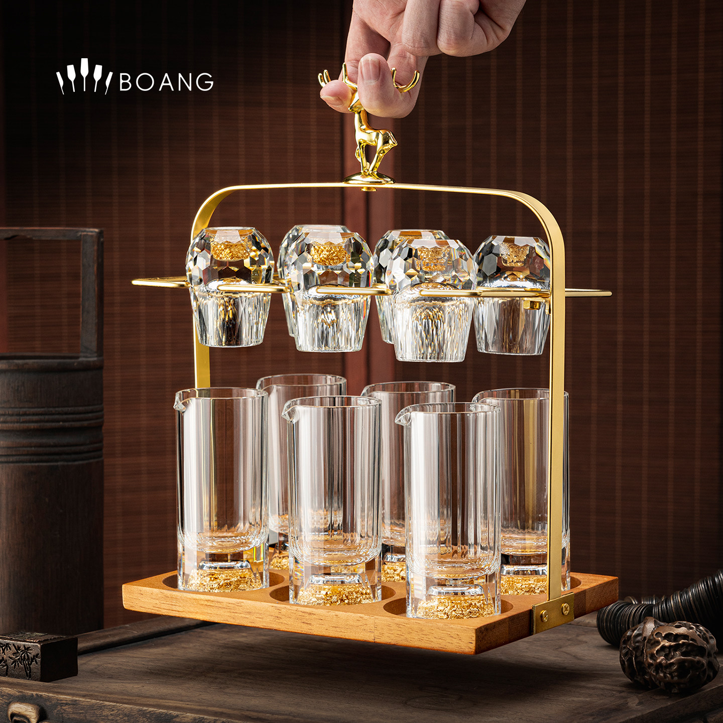 高档水晶白酒杯轻奢酒具套装带刻度玻璃杯子家用中式摆件金鹿酒架,餐饮具,白酒杯,淘宝优惠券,粉丝福利购,淘宝优惠卷