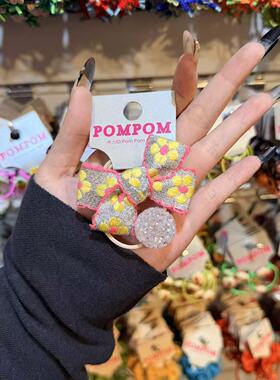 3.4韩国pom新款2026儿童彩色刺绣蝴蝶结钻球绕绕发绳发圈