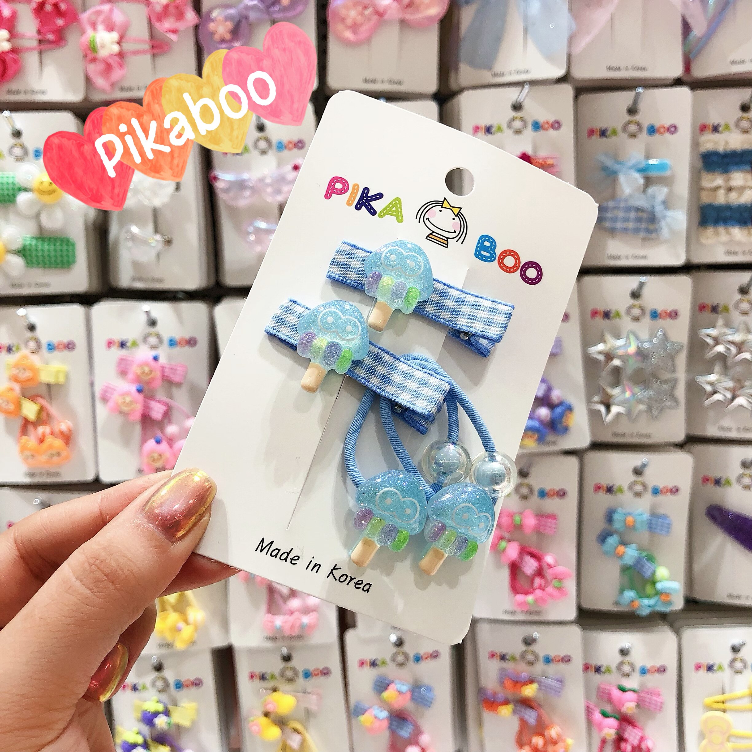 pikaboo韩国东大门儿童新款水晶猫抓棒棒糖发圈格纹鸭嘴夹套组