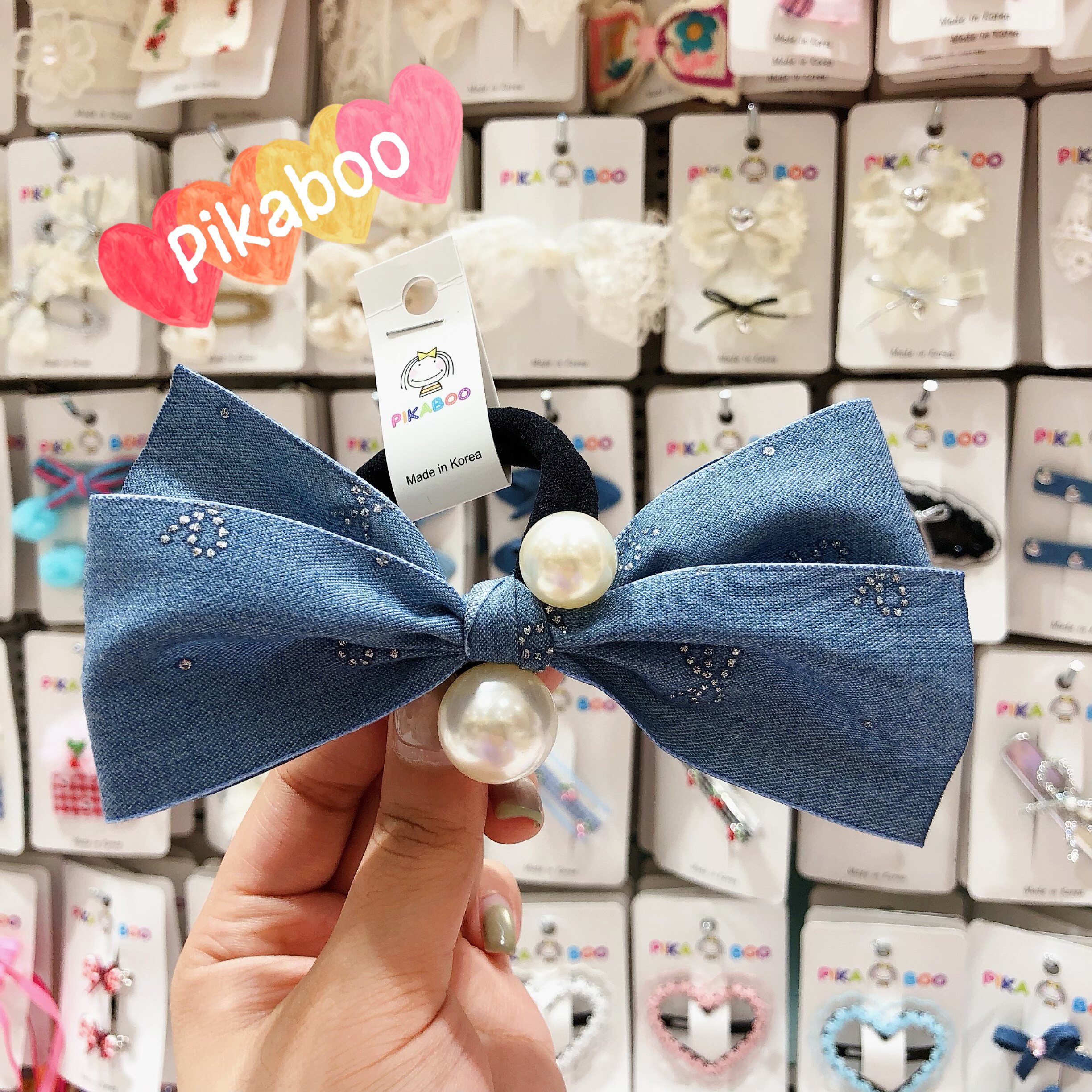 pikaboo韩国东大门儿童新款蝴蝶结烫银珍珠钉珠大发圈大发圈