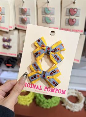 3.4韩国pom新款2026儿童彩色刺绣花花蝴蝶结边夹发夹