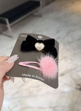 韩国东大门bebeprince儿童发饰彩色丝绒蝴蝶结毛球边夹发夹