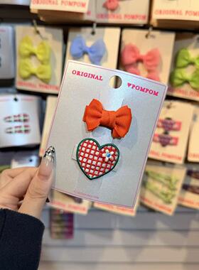 3.4韩国pom新款2026儿童格纹爱心彩色蝴蝶结边夹发夹